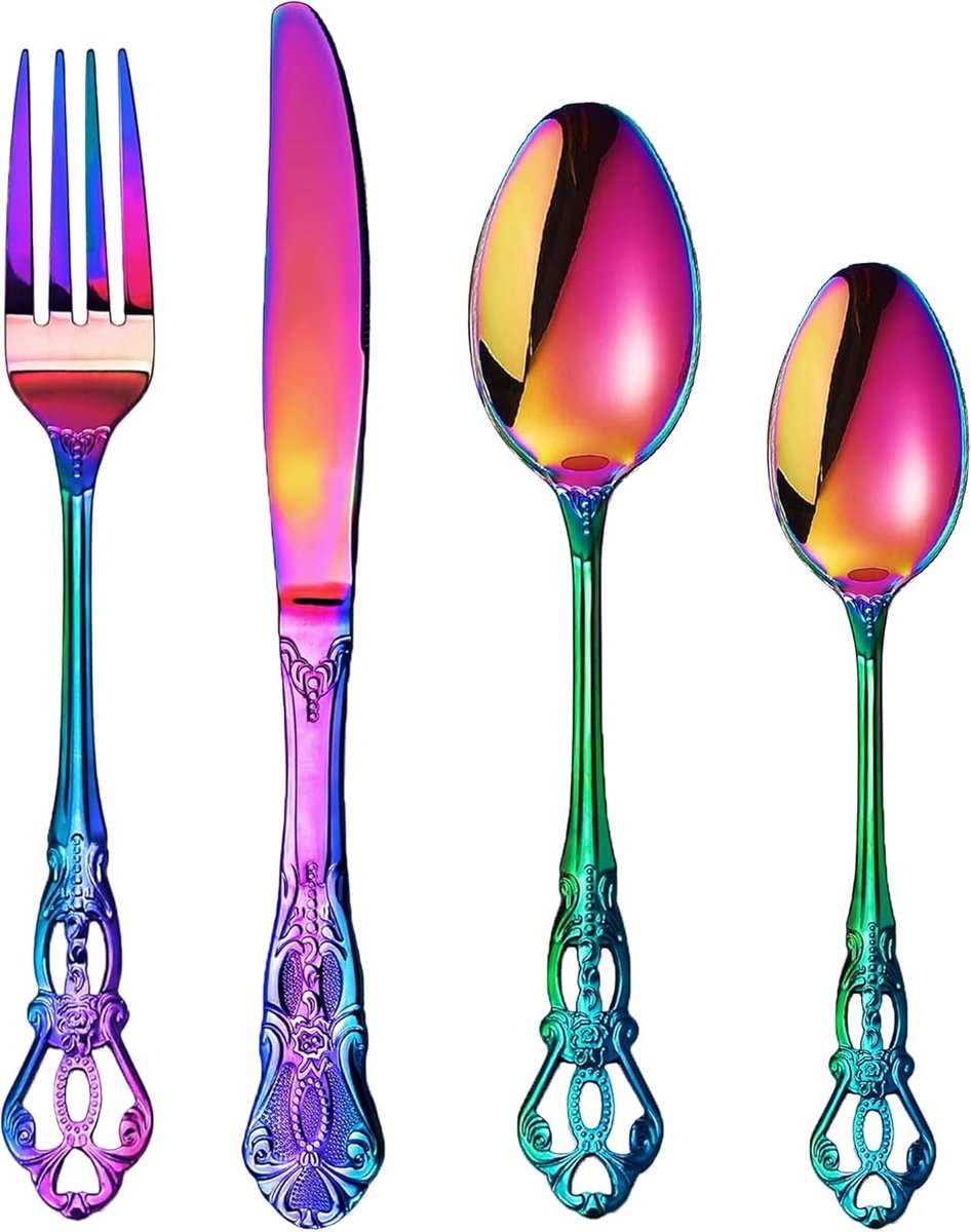 SnelShoppen - Retro Rainbow Bestekset voor 6 Personen, 24-delige RVS Tafelset, Antiek Barok Design, Inclusief Messen, Vorken, Lepels en Theelepels, Pe