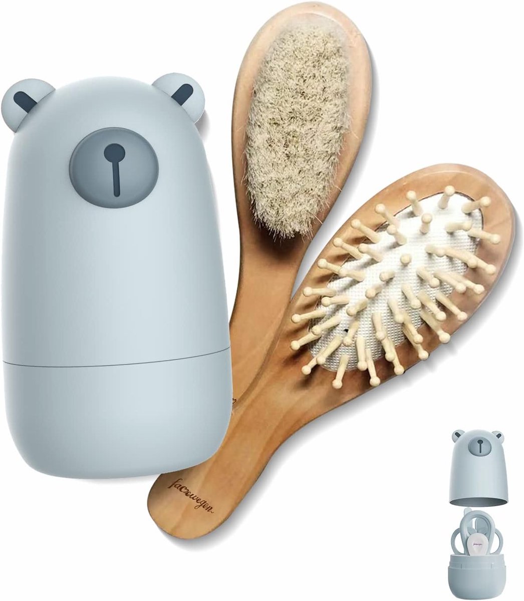 Thijox - Baby 6-in-1 Verzorgingsset met Natuurlijke Houten Haarborstel, Kam, Nagelschaar, Nagelvijl en Pincet voor Kinderen en Pasgeborenen in Schatti