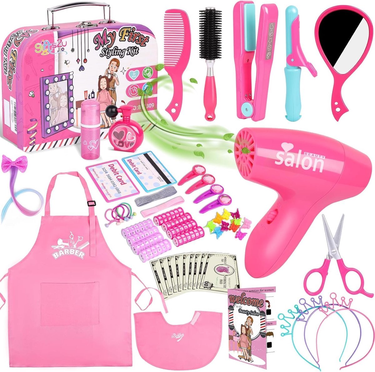 SnelShoppen - Haarstylingset voor Kinderen, Beauty Salon Speelset met Haardroger, Krultang, Kam, Spiegel, Schort en 58 Haarstyling Accessoires voor Ro