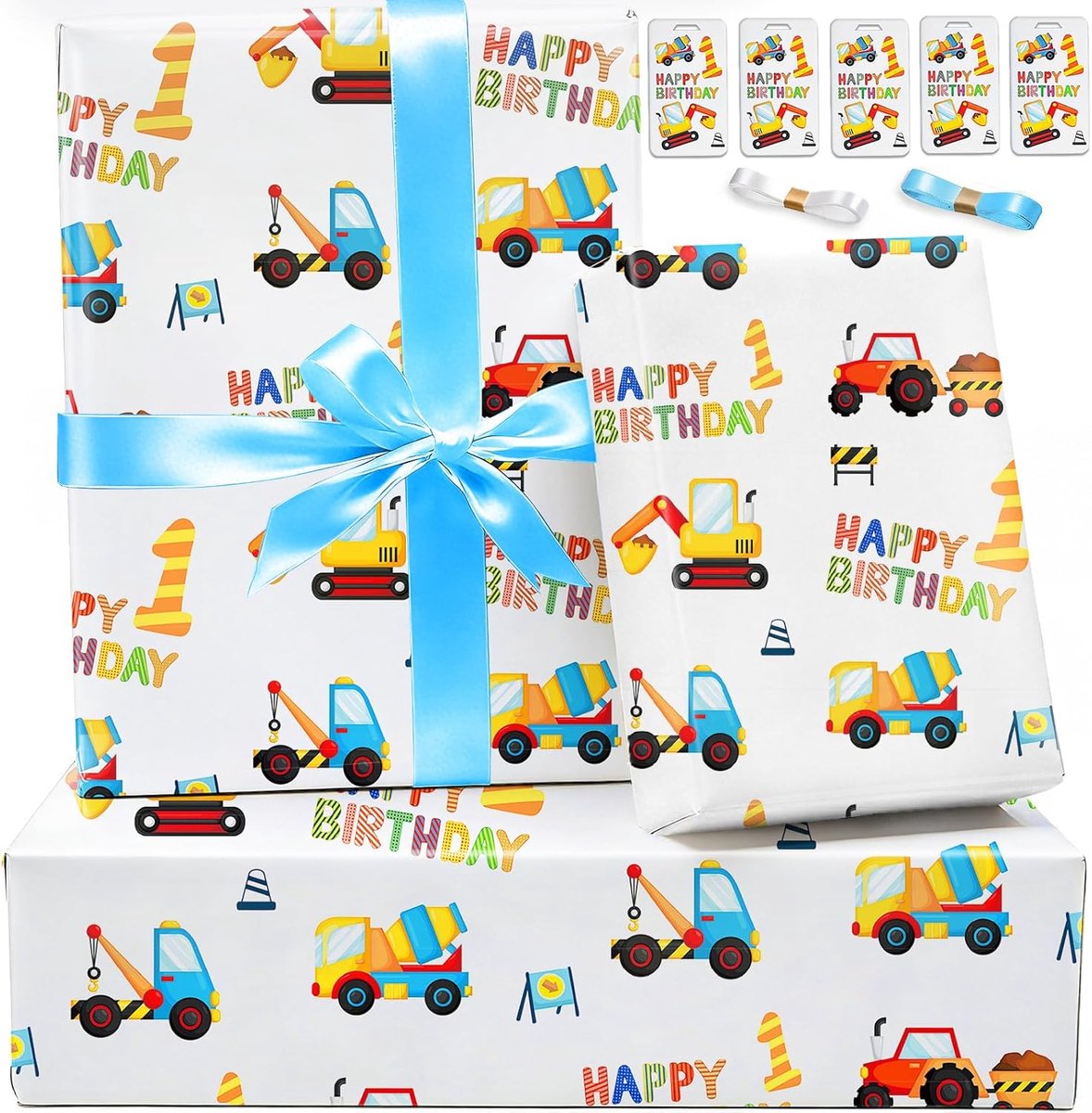 SnelShoppen - Cadeaupapier Baby 1e Verjaardag Jongen - 5 Stuks 70x50 cm Verjaardagspapier voor Baby Shower, Geschenken en Geboorte