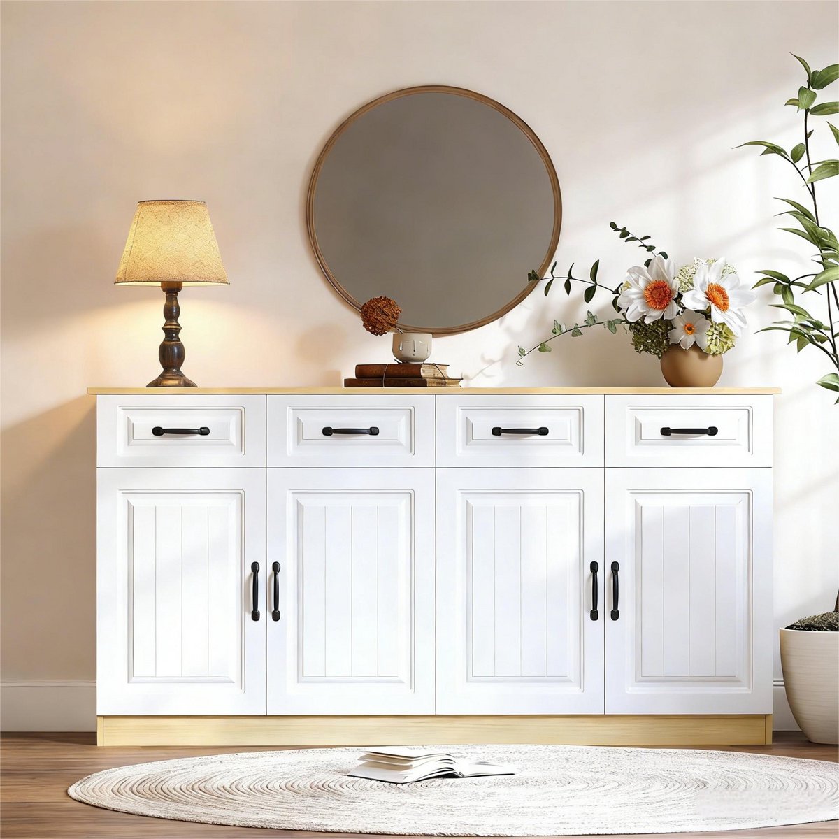 HAUSS SPOLE Dressoir - 4 Schuiven En 4 Deuren Met Verstelbare Planken - Voor Woonkamer Slaapkamer En Keuken - MDF - 160x35x80 Cm - Wit Naturel