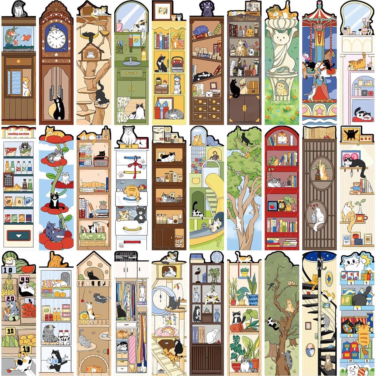Thijox - Cat Life Bladwijzers 30 Stuks, 15x4 cm | Beschrijfbare Achterkant, Speelse Kattenillustraties, Perfect voor Studenten en Lezers, Cadeau-ideeë