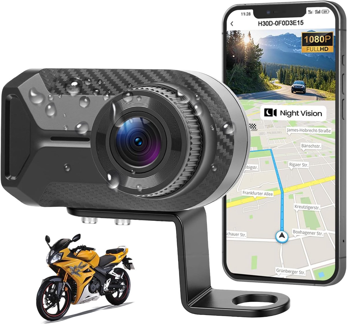 SnelShoppen - CAMECHO Mini Motorfiets Dashcam 1080P IP66 Waterdicht Voorzijde Camera zonder Display, 110° Groothoek Nachtzicht, WiFi App, Loopopname,