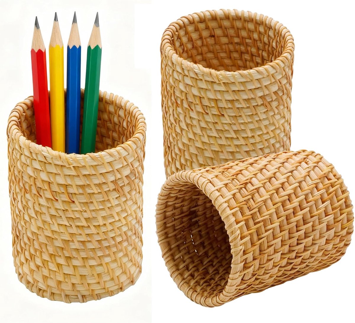 Thijox - 2 stuks gevlochten bureau-organizer, handgemaakte rotan penhouder en make-up-borstelstandaard voor thuis en op kantoor, vintage stijl, 10 cm