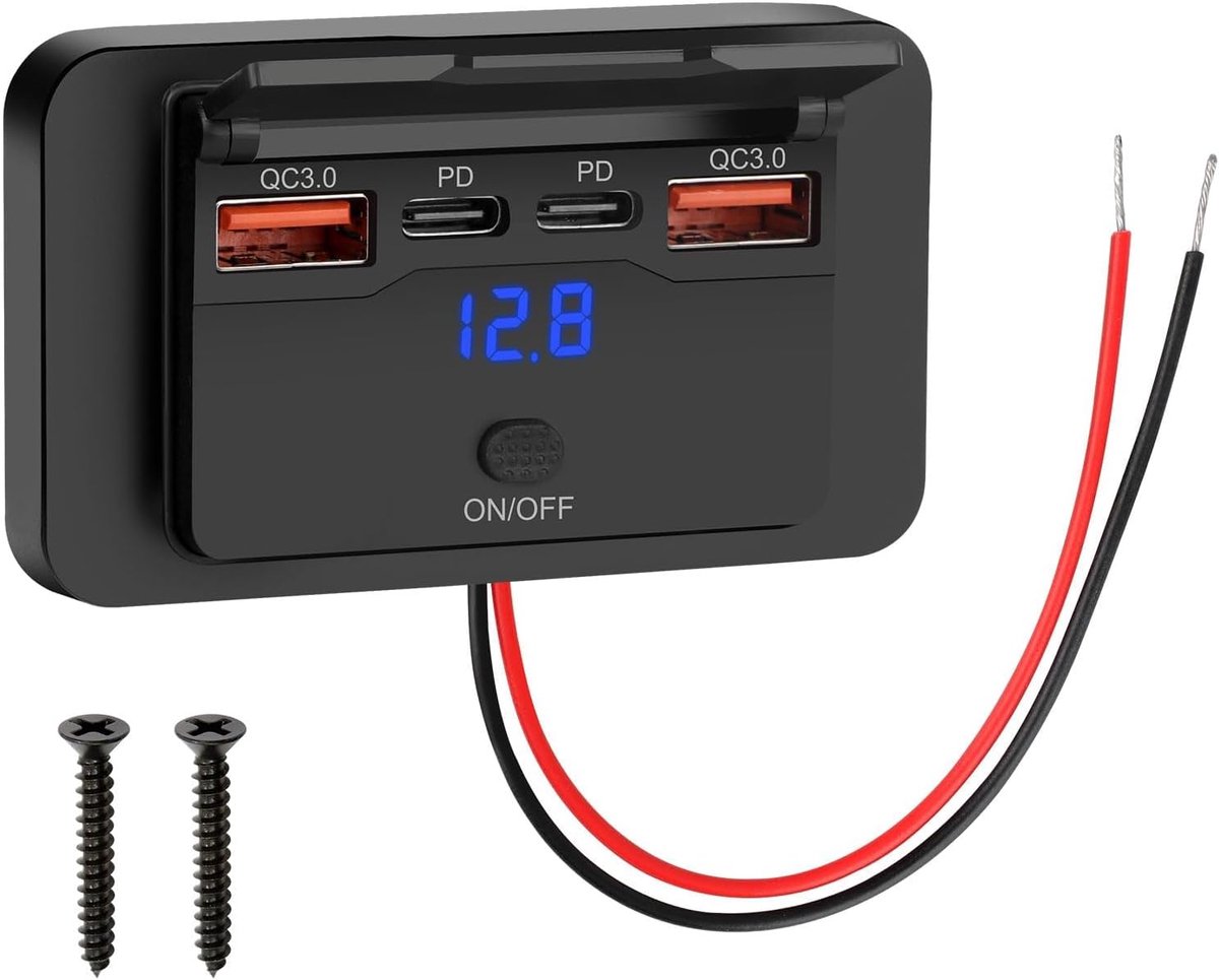 Thijox - Autolader USB A & C Dubbele Poort met Spanningsweergave voor 12/24 V Auto en Marine - Ideaal voor Reizen, Camping en Dagelijkse Gebruik