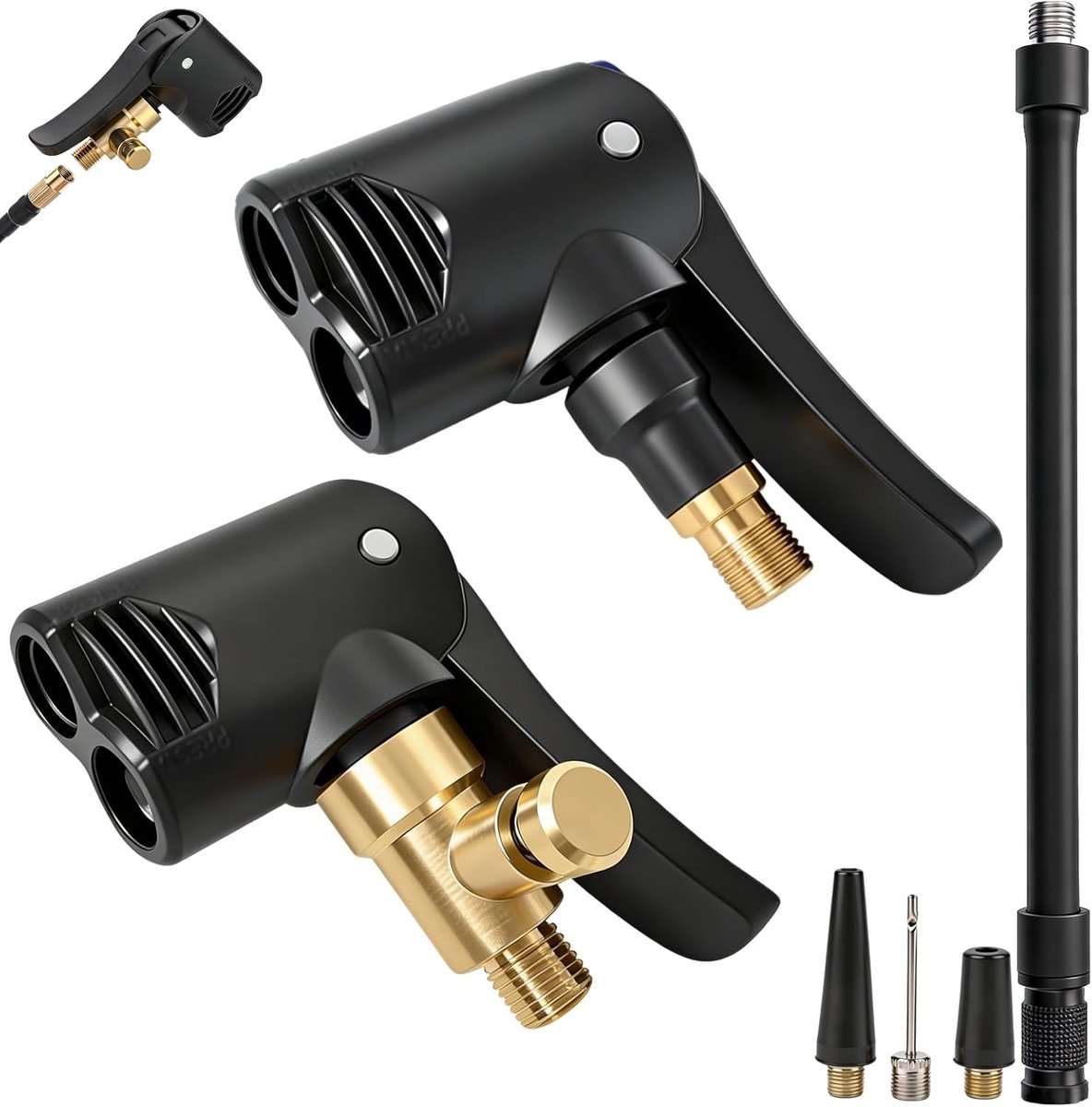 SnelShoppen - Adapter French Valve voor Auto, Fiets, Motor en Truck - 2 Stuks Koppelingen, Lever Plug van Messing met 1 Tyre Filling Hose - Zwart, Duu