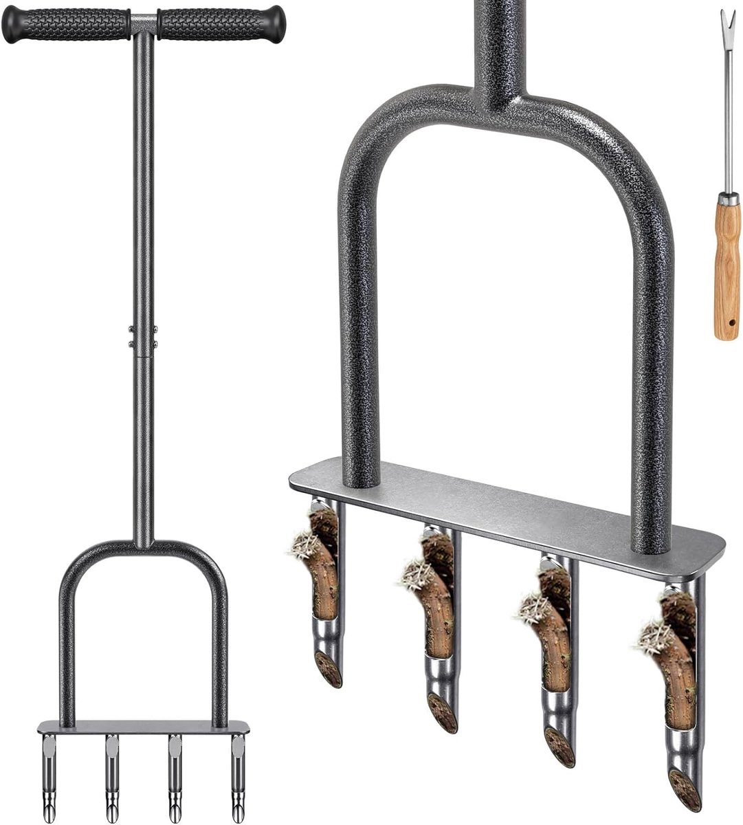 SnelShoppen - Lawn Aerator Handgereedschap, 4 Cores, Tuin Plugger met Lange Handgreep, Half Open Kern, Aeratie Spike met Soft Grip en Reinigingsset vo