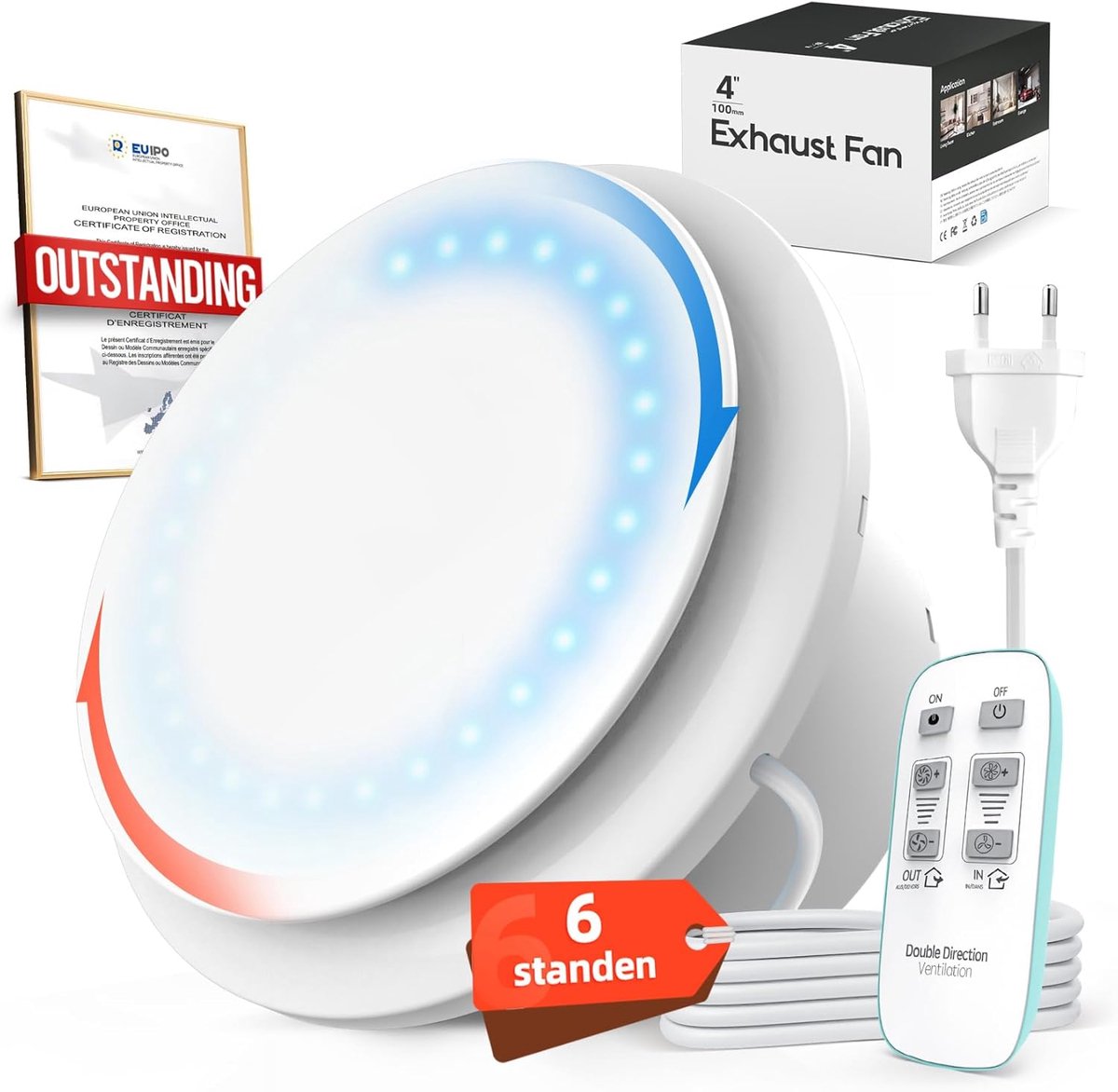 SnelShoppen - Badventilator 100mm met Afstandsbediening, 2 Richtingen, 6 Snelheden, Stille Afzuigventilator voor Badkamer, WC, Garage, IPX4 Waterdicht