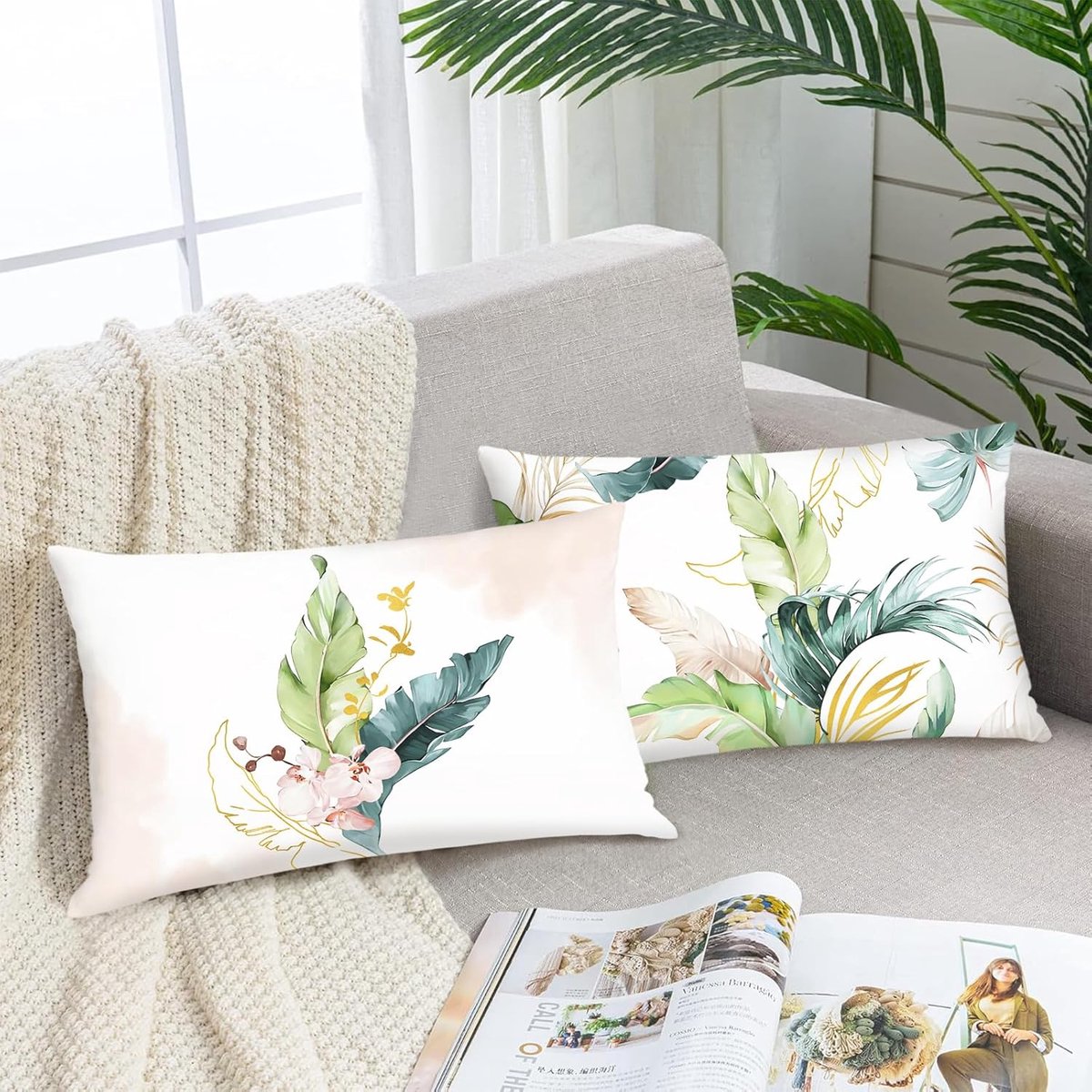 SnelShoppen - Set van 2 Decoratieve Kussenhoezen 30 x 50 cm met Tropische Bladeren, Groen en Roze, Soft Plush voor Sofa, Bed, Tuin, Patio Decoratie