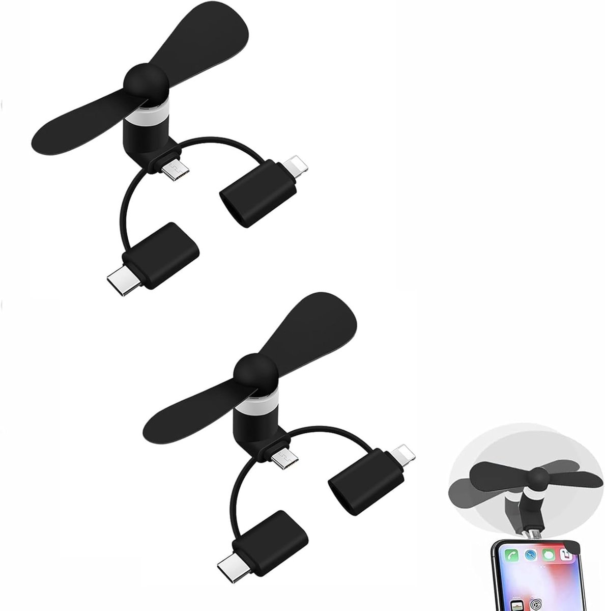 SnelShoppen - Mini USB Fan voor Mobiele Telefoon - Draagbare Ventilator 3 in 1 voor iPhone/Android/USB Type C - 2 Stuks - Zwart - Perfect voor Thuis,