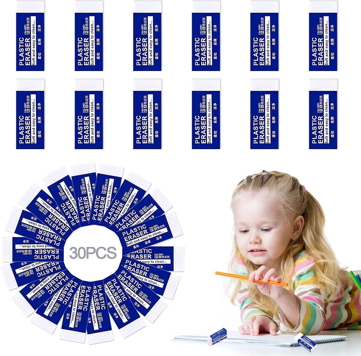 Thijox - Zachte Plastic Gummen 2B voor Kinderen en Volwassenen - Witte Rubber Gummen voor Scholen, Schetsen, Schilderijen en Beeldende Kunst - 30 Stuk