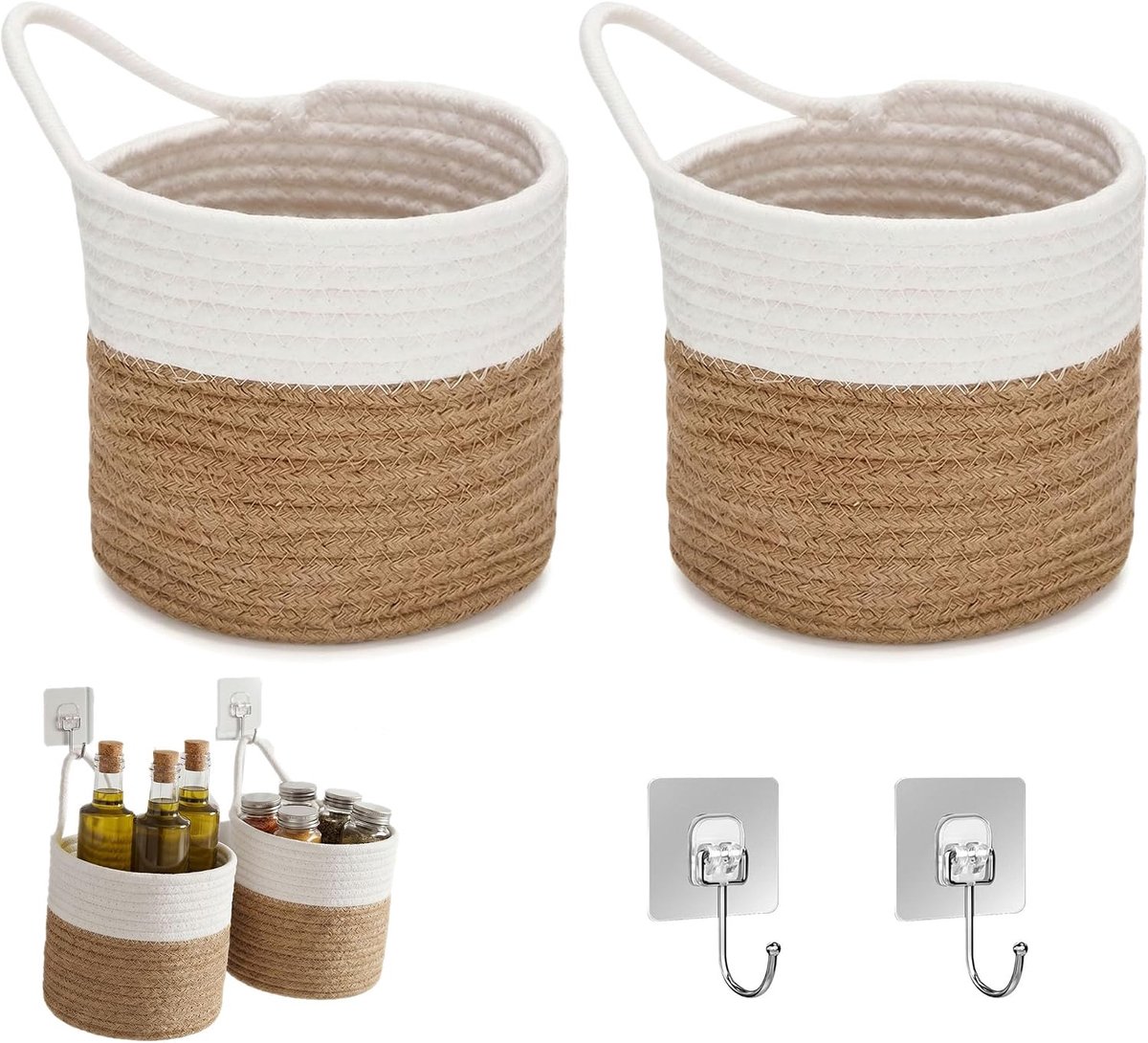 SnelShoppen - Hanging Basket 2 Stuks Wandmand met Handvat - Katoen Koord Geweven Waskorf met 2 Zelfklevende Haakjes voor Keuken, Badkamer, Slaapkamer,