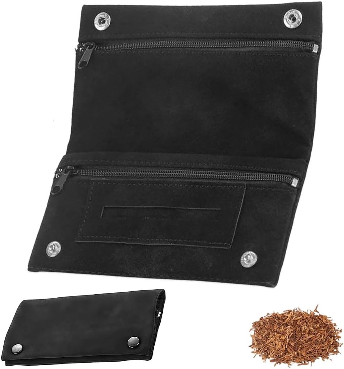 Leren tabakszak met magnetische sluiting, vakken voor papier, filter, tabak en aansteker, praktisch en duurzaam, ideaal voor rokers