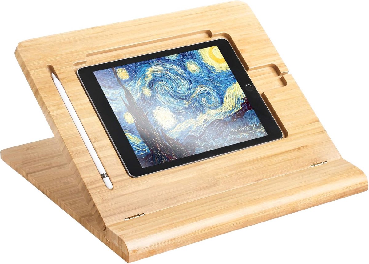 SnelShoppen - Tablet Stand Verstelbaar Vouwbaar Bamboe Houten Multi Hoek Organizer voor iPad, Stabiliteit voor Tekenen, Kijken, Typen, Geschikt voor M