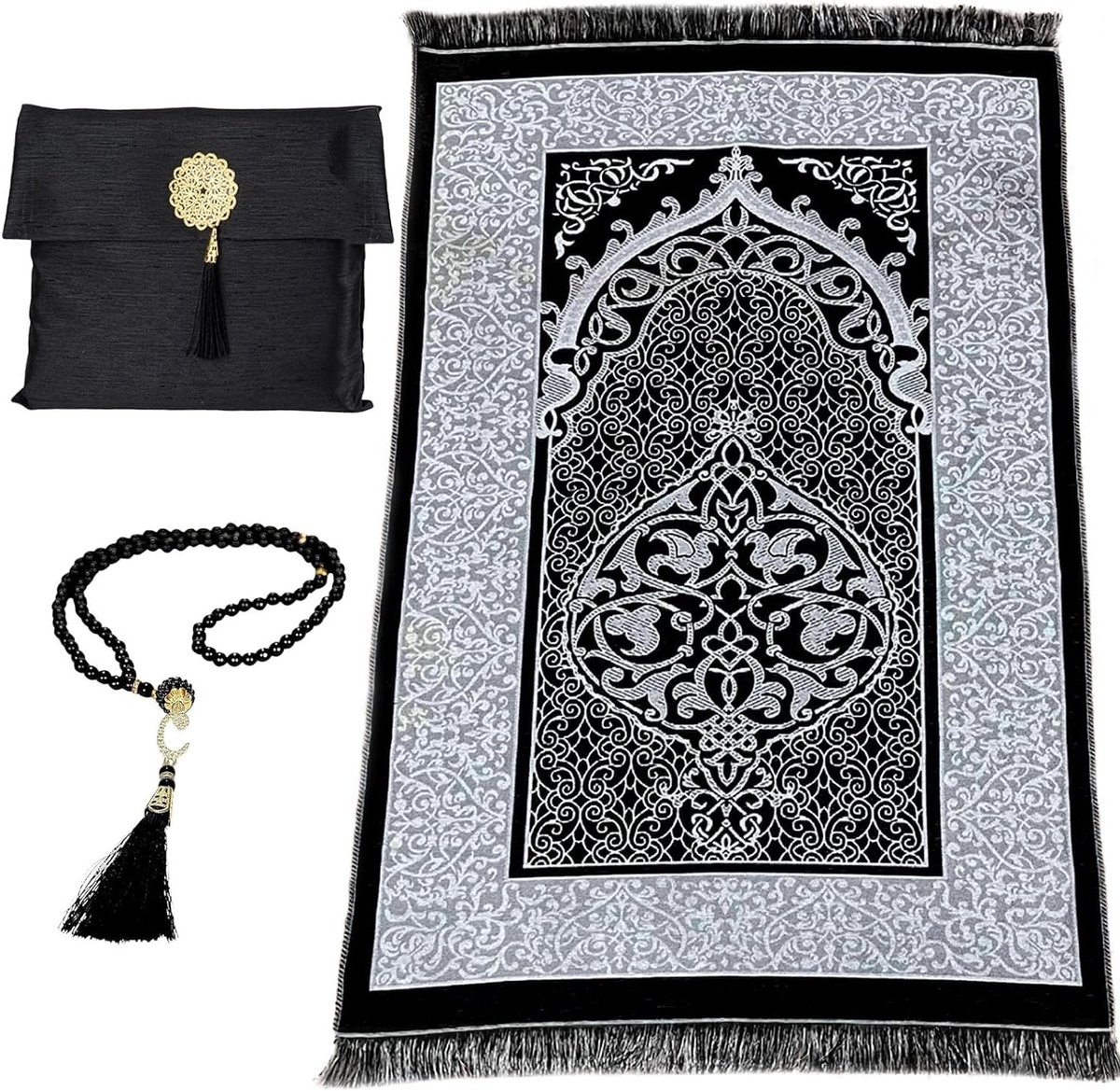 Draagbaar reisgebedstapijt 70 x 110 cm met gebedskralen, machinewasbaar en luxe taftstof, dik en zacht voor comfortabele knieën en voorhoofd (roze)
