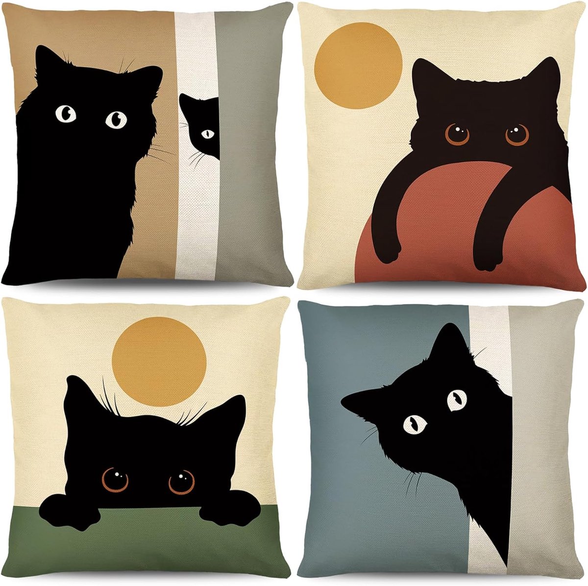 SnelShoppen - 4 Stuks Kussenslopen met Schattige Kattenprint - Linnen Kussens voor Cat Lovers - Decoratieve Kussens voor Woonkamer en Slaapkamer - 40