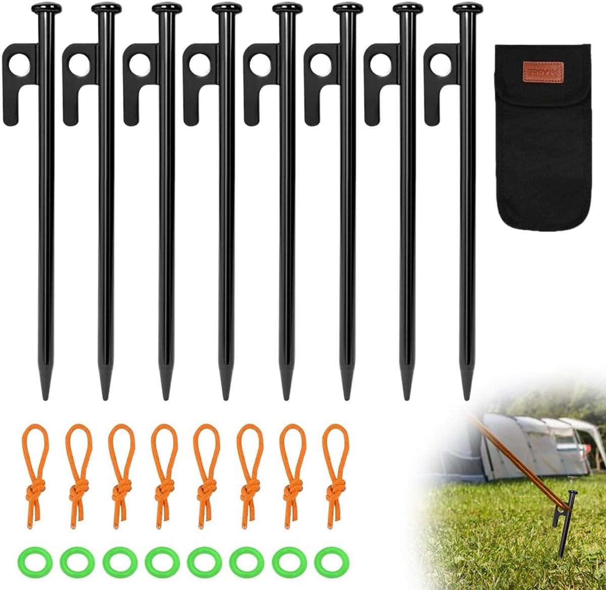 SnelShoppen - 8 Stuks Tentharingen van Staal 20 cm - Stormvaste Haringen met Haak & Gat voor Camping, Outdoor & Tuin - Robuuste Tentaccessoires voor A