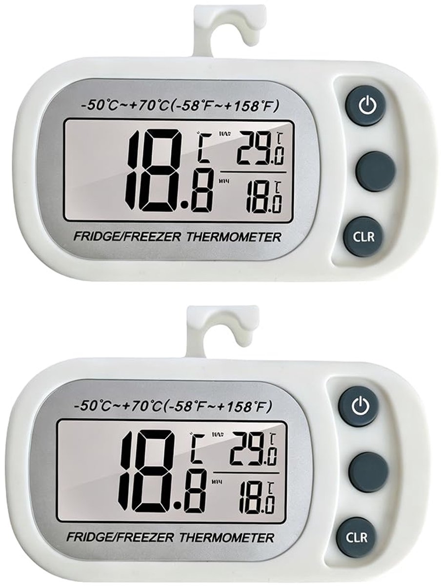 SnelShoppen - 2x Digitale Koelkastthermometer Waterdicht Mini Thermometer met LCD-Display, Max-Min Functie en Ophanghaken voor Koelkast en Vriezer, Wi