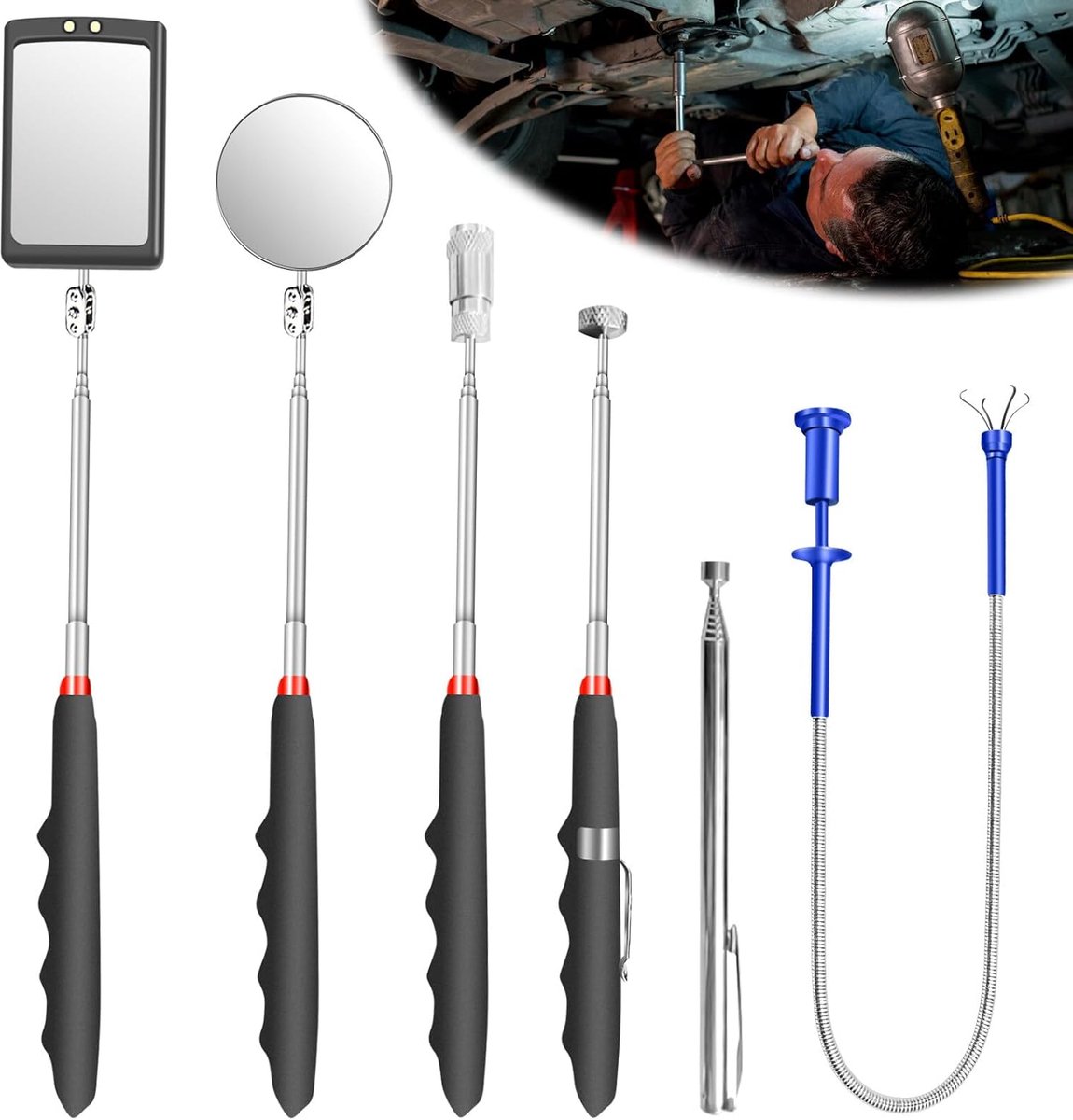 SnelShoppen - Set van 6 Uittrekbare Inspectiemirrors - Telescopische Spiegel met LED Lamp - Rond en Vierkant Inspectiemirror - 360° Draaibare Handgree