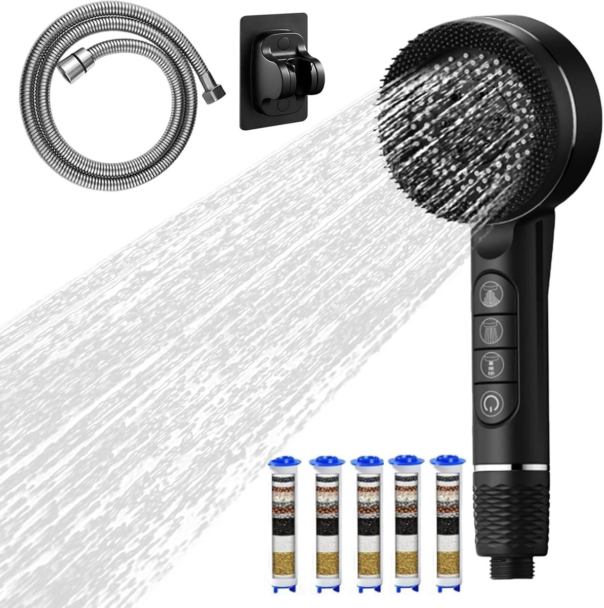 SnelShoppen - High Pressure Handdouche met 4 Spray Modi, 5 Filters, 1.5m Slang en Houder - Verfrissende Douches voor Huid en Haar, Ideaal voor Badkame