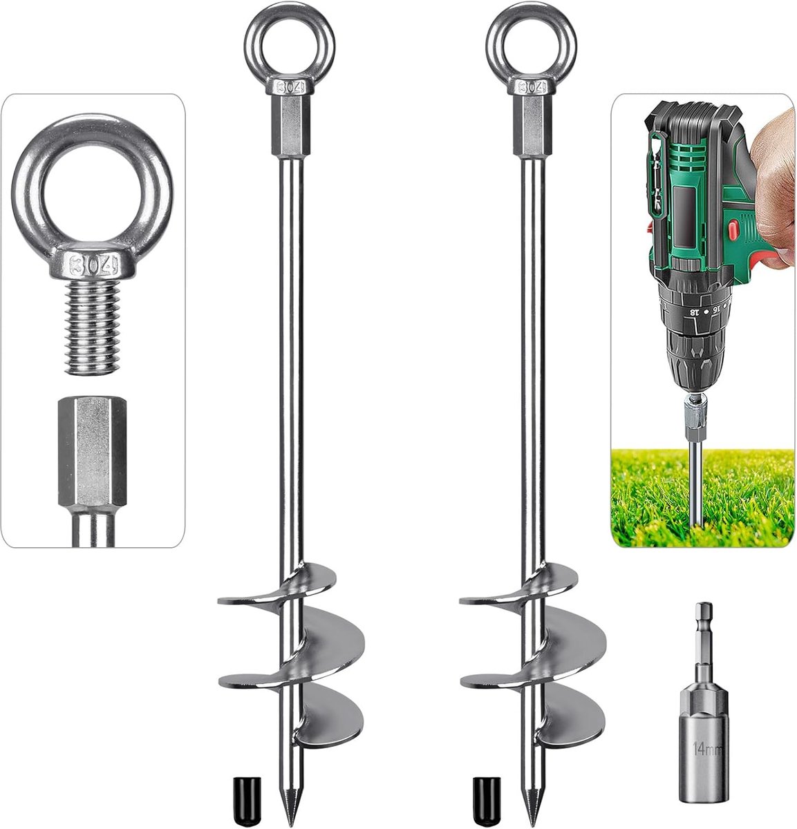 SnelShoppen - 2-Pack Insaga Tent Pinnen - Sterke 45cm Spiral Grondankers van Metaal - Voor Trampoline, Camping, Schuilplaatsen, Swing Kits en Meer