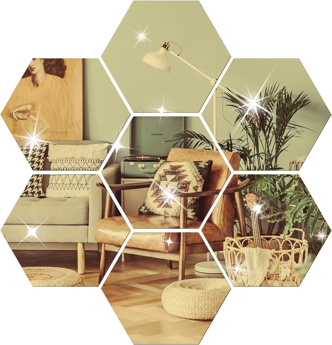 SnelShoppen - DIY Wandstickers Acryl Spiegel Sticker Set 12 Stuks, Hexagonale Wandspiegels voor Woonkamer Slaapkamer Decoratie (Goud)