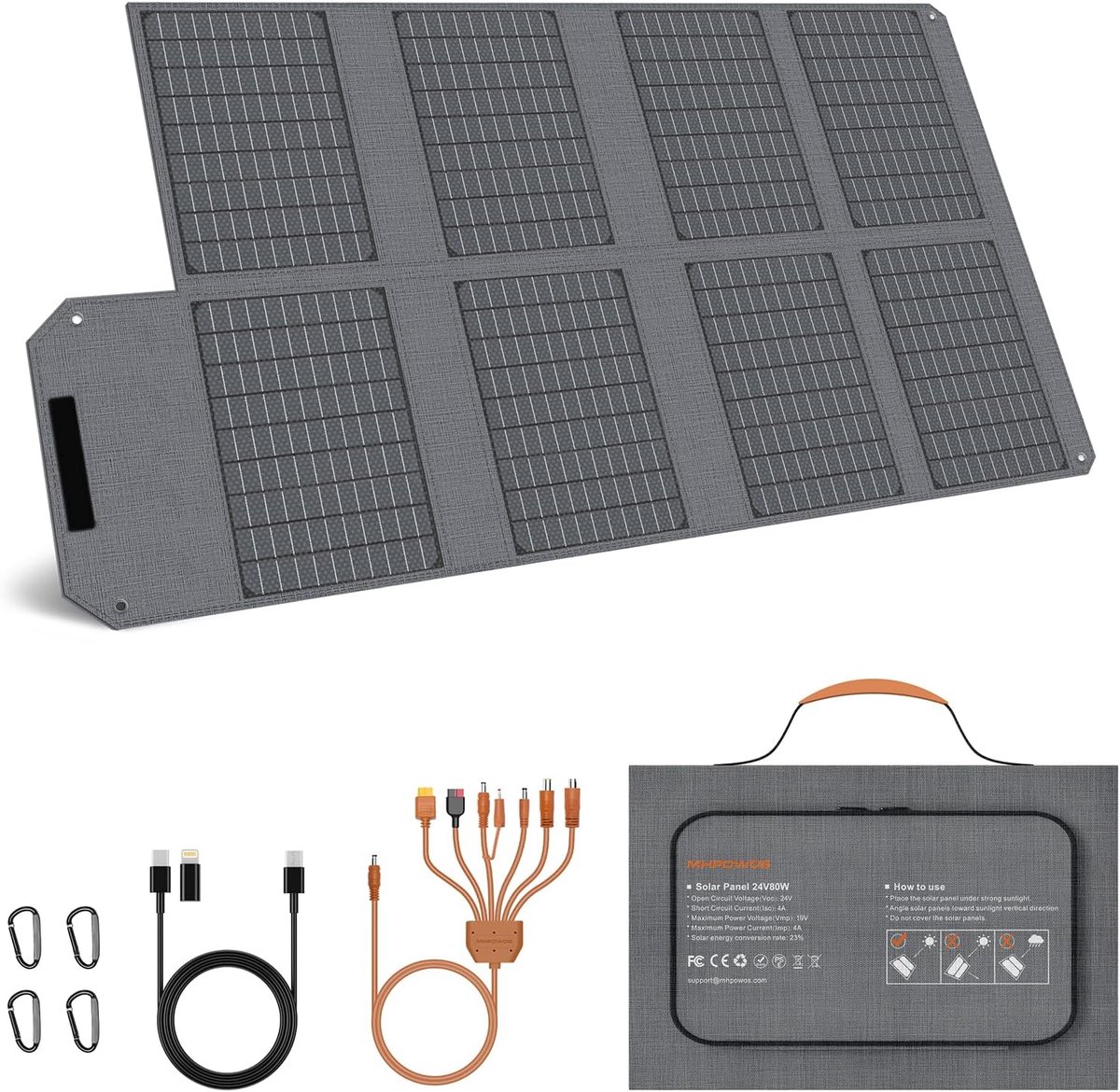 SnelShoppen - 80W Vouwbaar Zonnepaneel - 19V Draagbare Solar Charger met USB-C, USB A & DC Uitgangen - IP65 Waterdicht voor Camping, Hiking, Buitenrei