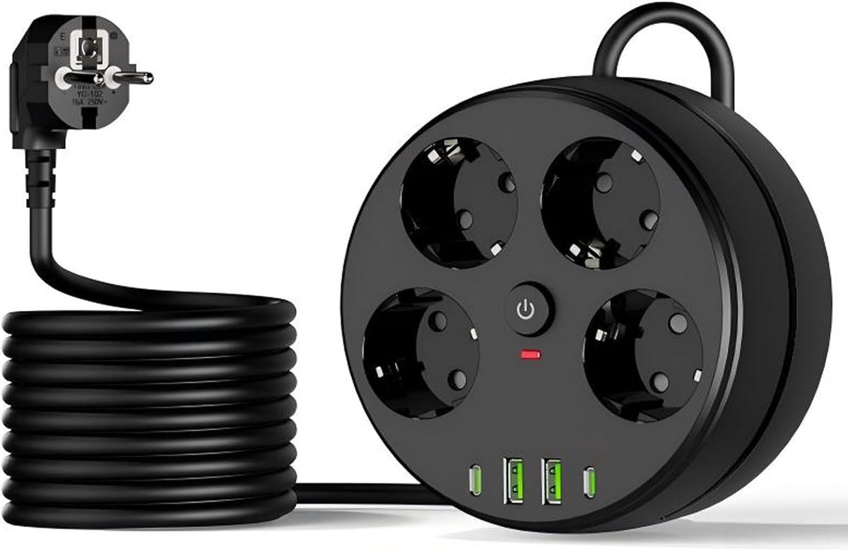 SnelShoppen - Stekkerdoos met USB - Ronde Stekkerdoos met 4 Stopcontacten, 2 USB-A & 2 USB-C Poorten, 2 Meter Kabel, Overspanningsbeveiliging, Zwart v