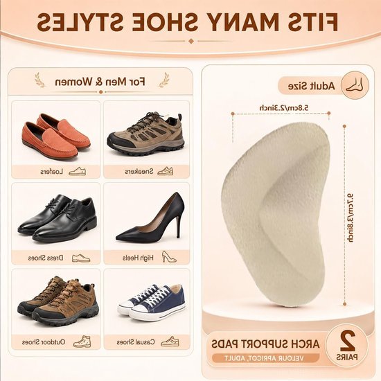 Voetkussens voor platte voeten, zelfklevend, 2 paar, comfortabel, ondersteuning, beige — afbeelding 3