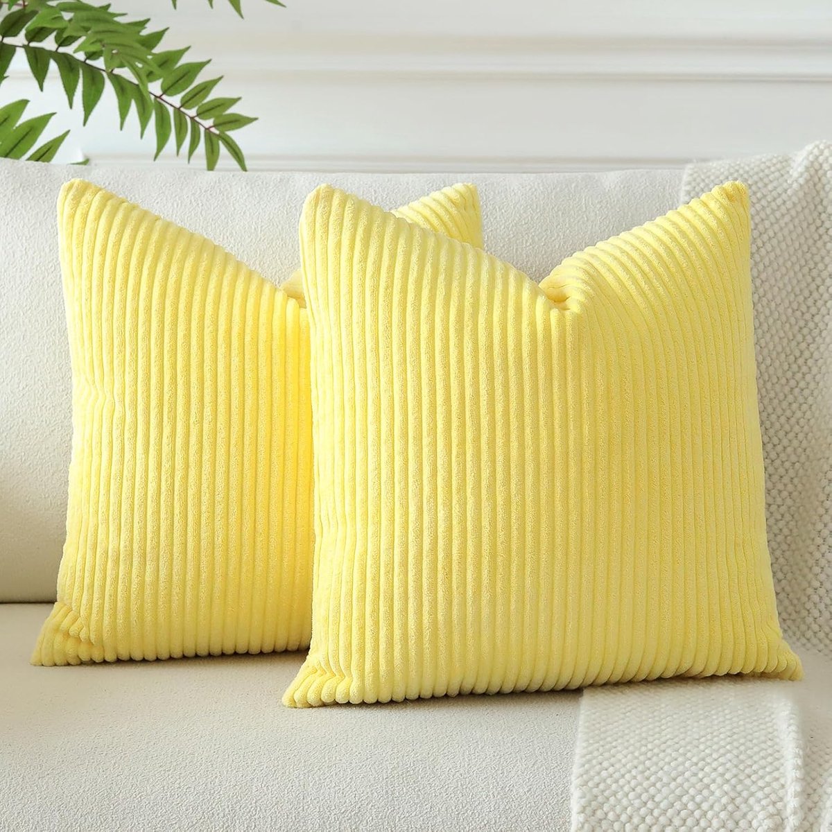 SnelShoppen - Boho Corduroy Kussenhoezen 50x50cm Set van 2 - Zachte Gestreepte Kussenslopen voor Sofa, Woonkamer, Bed - Geel, Decoratie