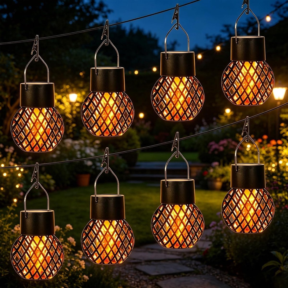 SnelShoppen - Solarlampen om op te hangen, 8 stuks waterdicht, LED lampen vlam effect voor buiten, tuin, terras, balkon, camping, sfeerverlichting