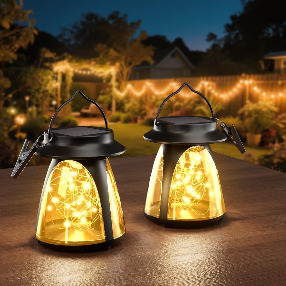 SnelShoppen - Zonnelampen voor buiten, hangend met vloerstopcontact, 2 stuks weerbestendige lantaarns op zonne-energie met LED-lichtketting, decoratie