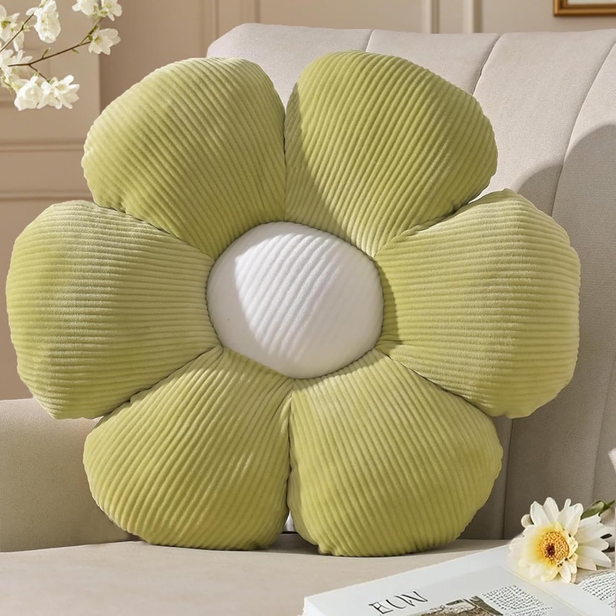 SnelShoppen - Floral Kussen Groen, Zithoek Kussen voor Vloer Decoratie, Slaapkamer Aesthetic, Kaarsenstandaard Decoratieve Pillow voor Kinderkamer, Pr