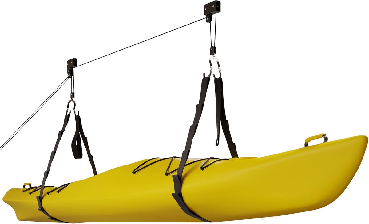 SnelShoppen - Kayak Hoist Garage Opslag met 120lbs Capaciteit, Ladder Lift, Rubber Coated Haken, Duurzame Band, Makkelijk te Installeren, Zwart