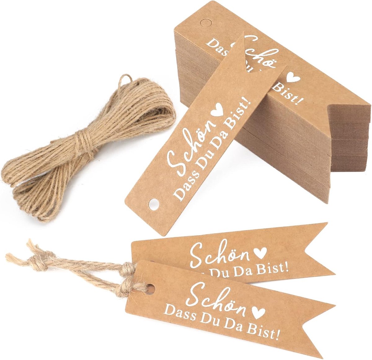 SnelShoppen - 100 Stuks Kraft Papier Gift Hangers met Jute Touw - Hangtags 7x4cm voor Bruiloft, Feest, DIY Decoratie - Schön Dass Du Da Bist