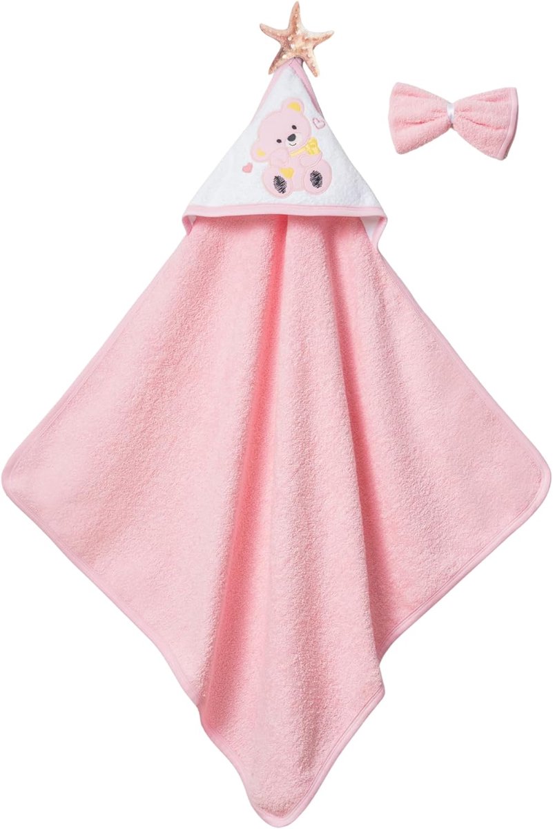 SnelShoppen - Baby Badhanddoek met Beer en Hart Design, 100% Katoen, Zachte en Absorberende Badhanddoek voor Pasgeborenen en Peuters, Ideaal voor Bad,