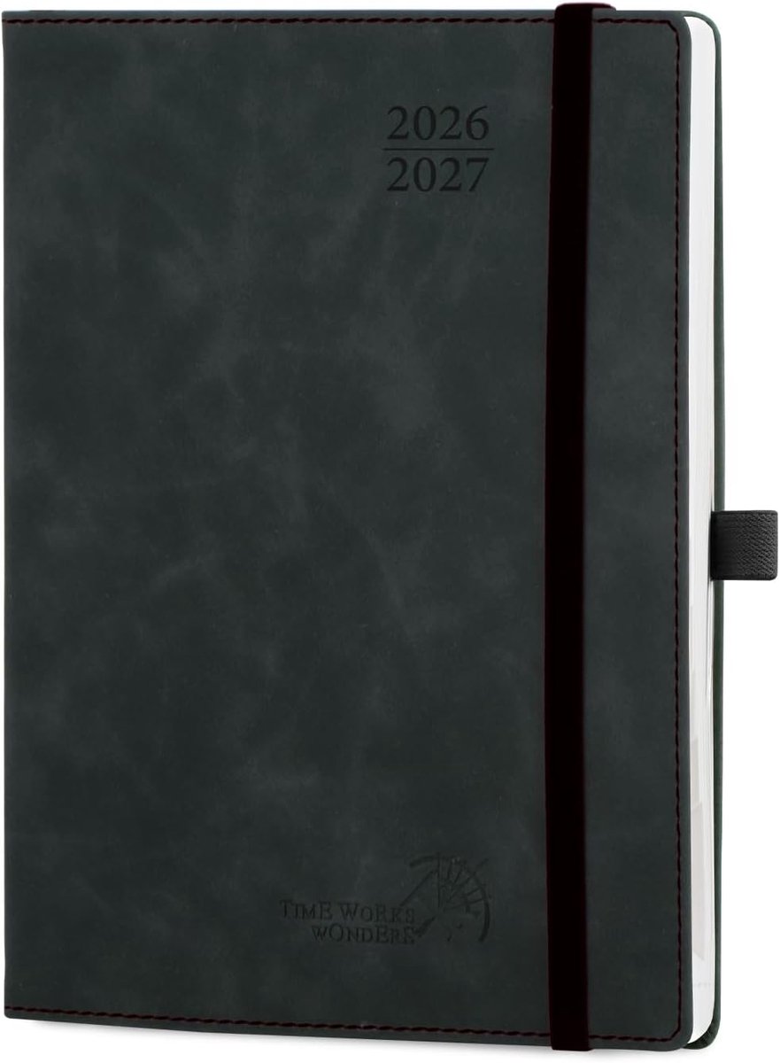 SnelShoppen - Agenda 2026 2027 Weekly Planner en Notitieboek 22x16.5 cm - Zacht PU Leer, Maandtabs, 80 GSM Papier, Zwart, Perfect voor School en Werk