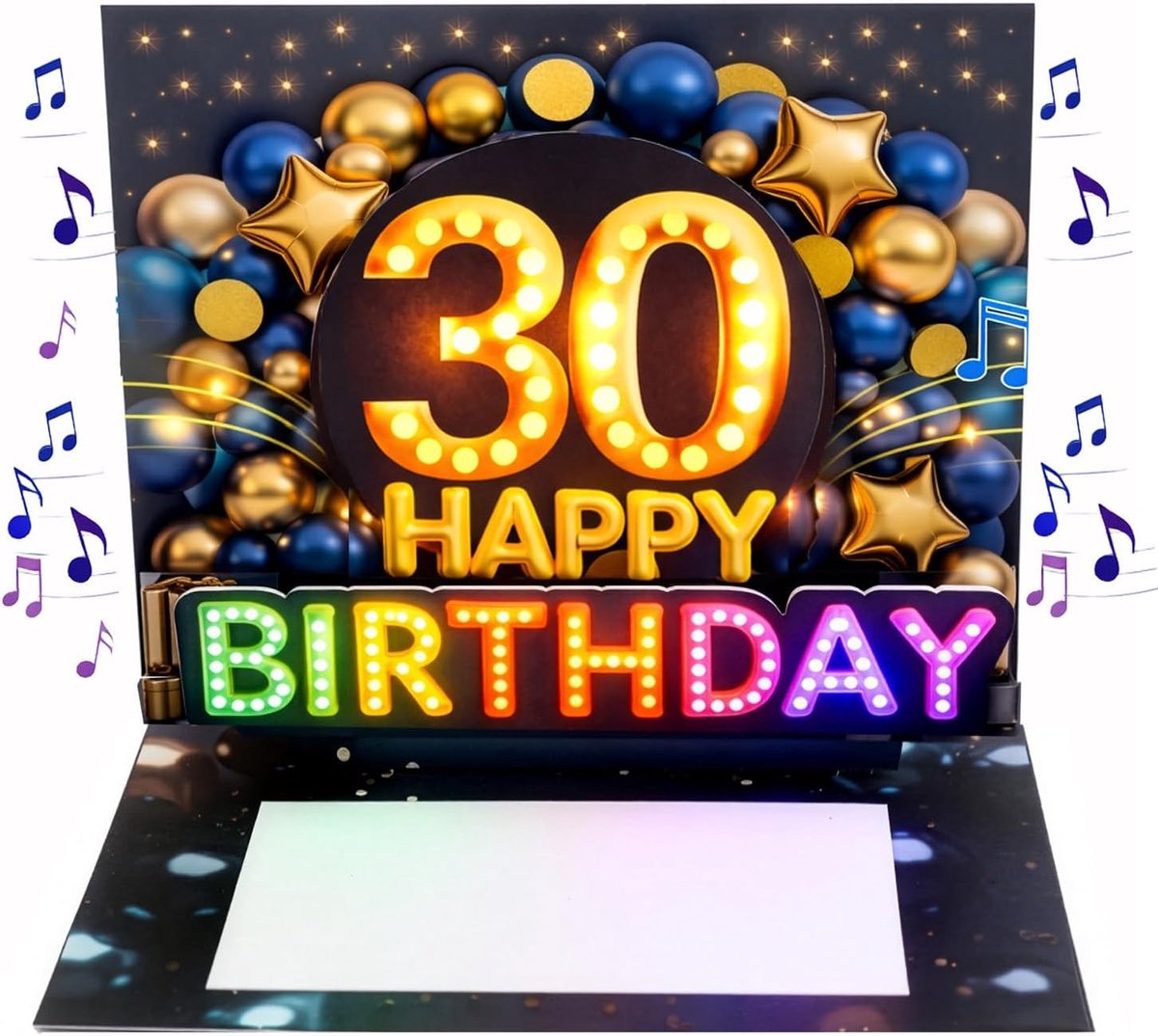 SnelShoppen - Verjaardagskaart 30 jaar met muziek en licht - 3D pop up kaart voor mannen - 20x15 cm - Inclusief envelop en zegelsticker - Feestelijke