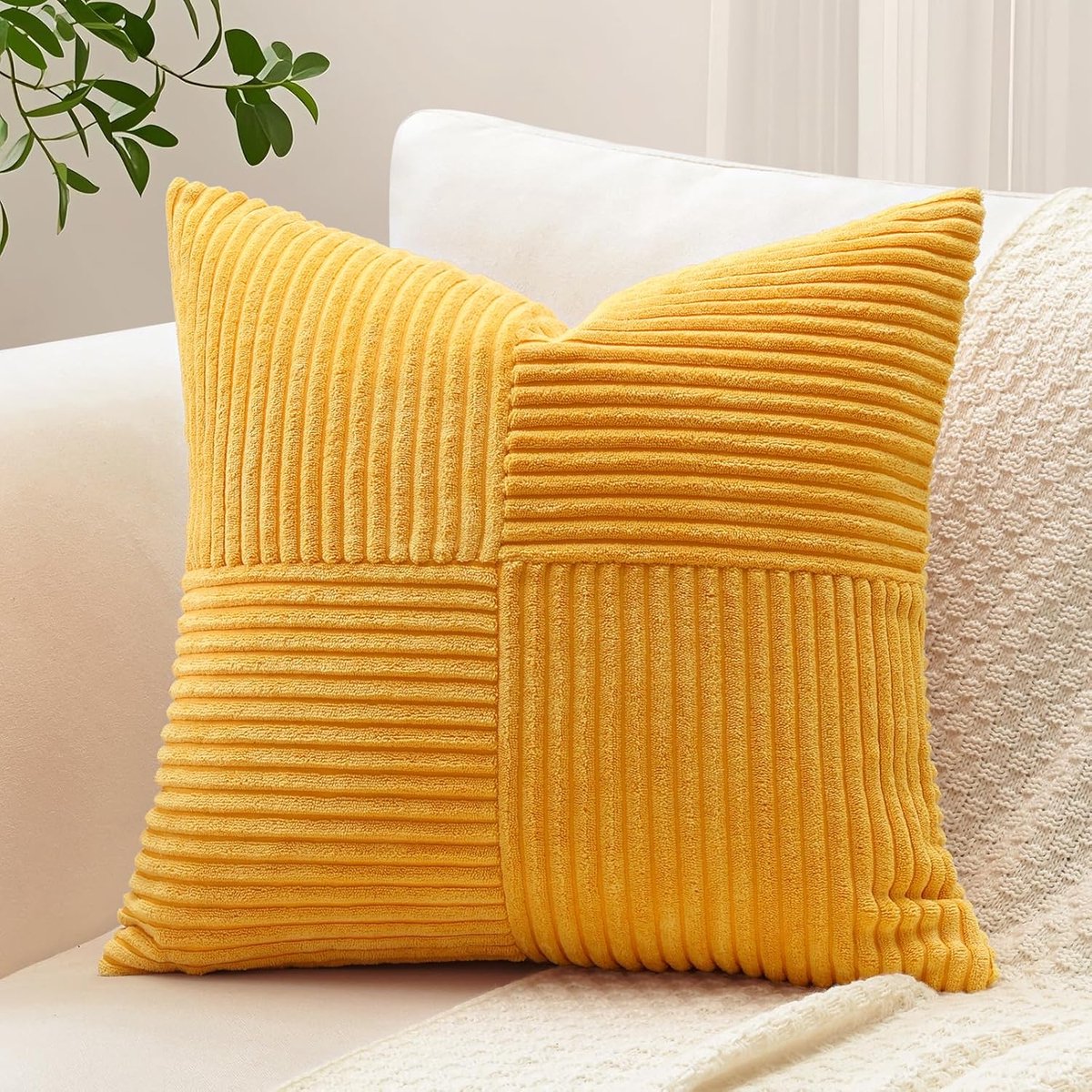 SnelShoppen - Corduroy Kussenhoes 60x60 cm, Decoratieve Kussenhoezen met Strokenpatroon, Zachte Katoenen Kussens voor Sofa en Woonkamer, Patchwork Kus