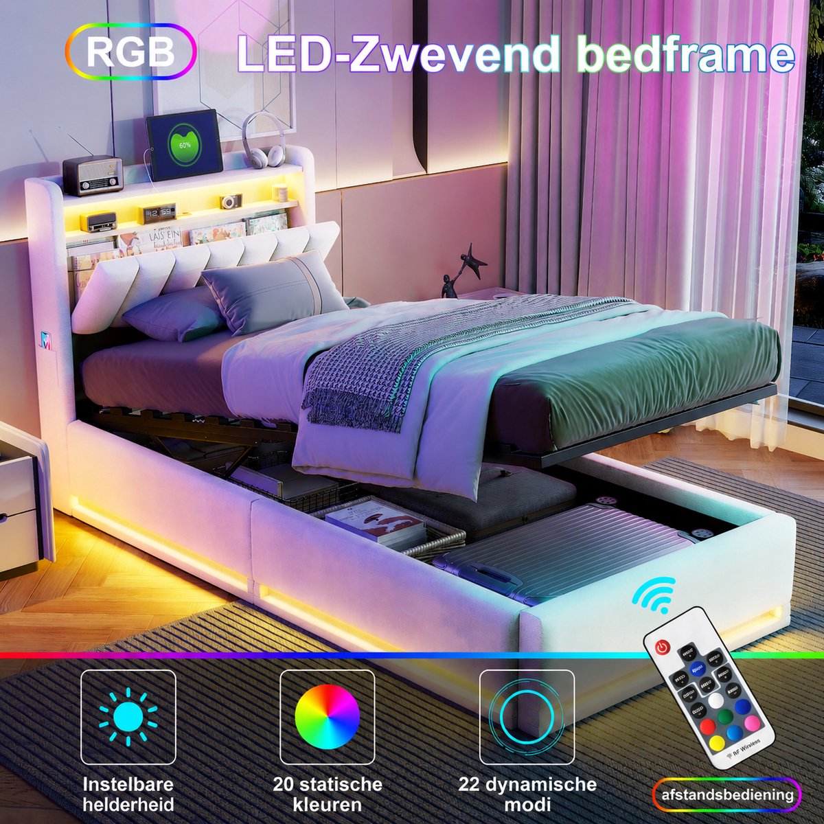 Gestoffeerd Eenpersoonsbed 90x200 cm met LED Verlichting en USB, Hydraulisch Opbergbed met Hoofdbord, Beige Velvet