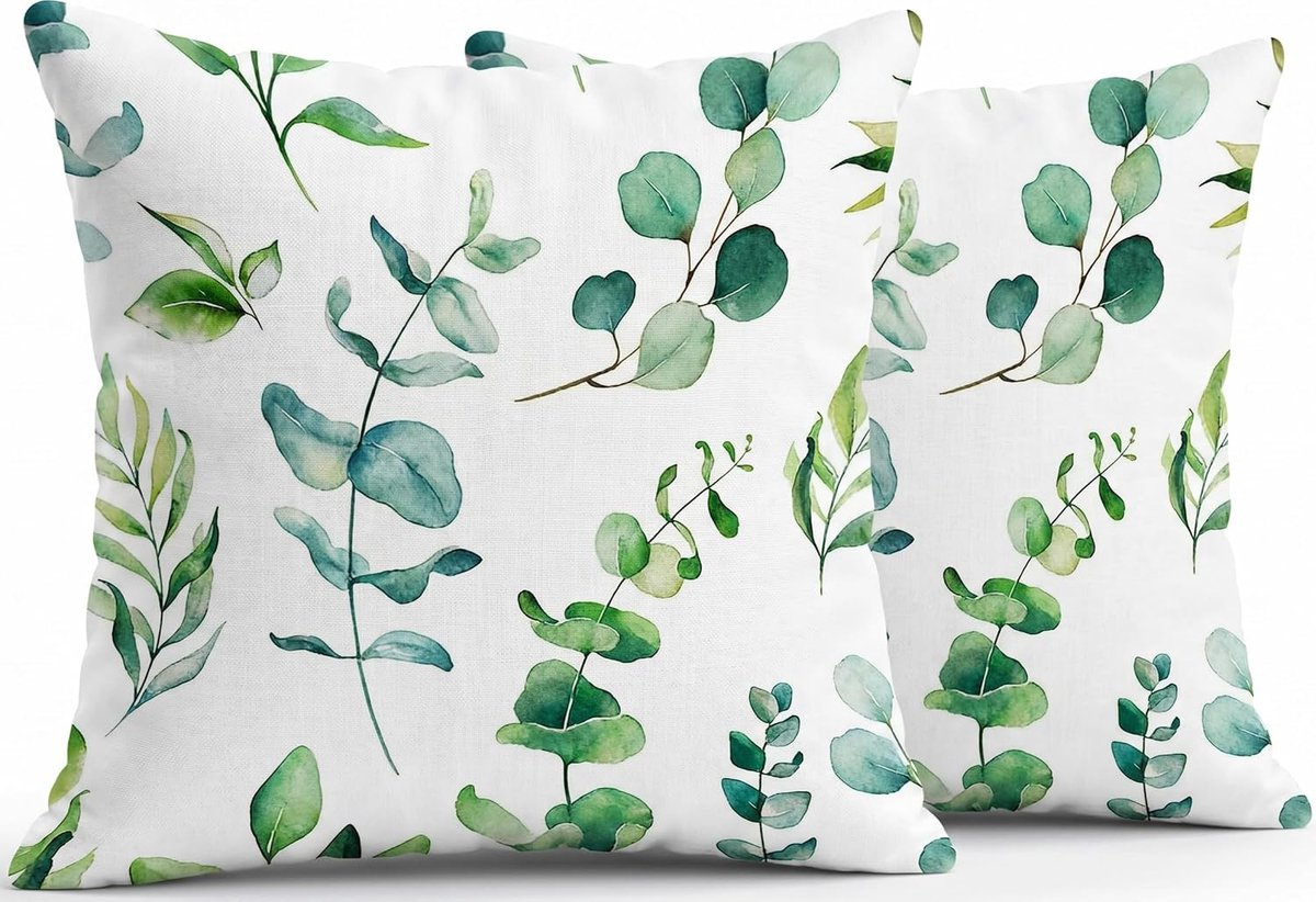 SnelShoppen - Set van 2 Waterdichte Tuinkussens 45x45 cm met Eucalyptus Design, Dubbelzijdig Gedrukt, Linnen Polyester Mix voor Balkon en Tuin Decorat