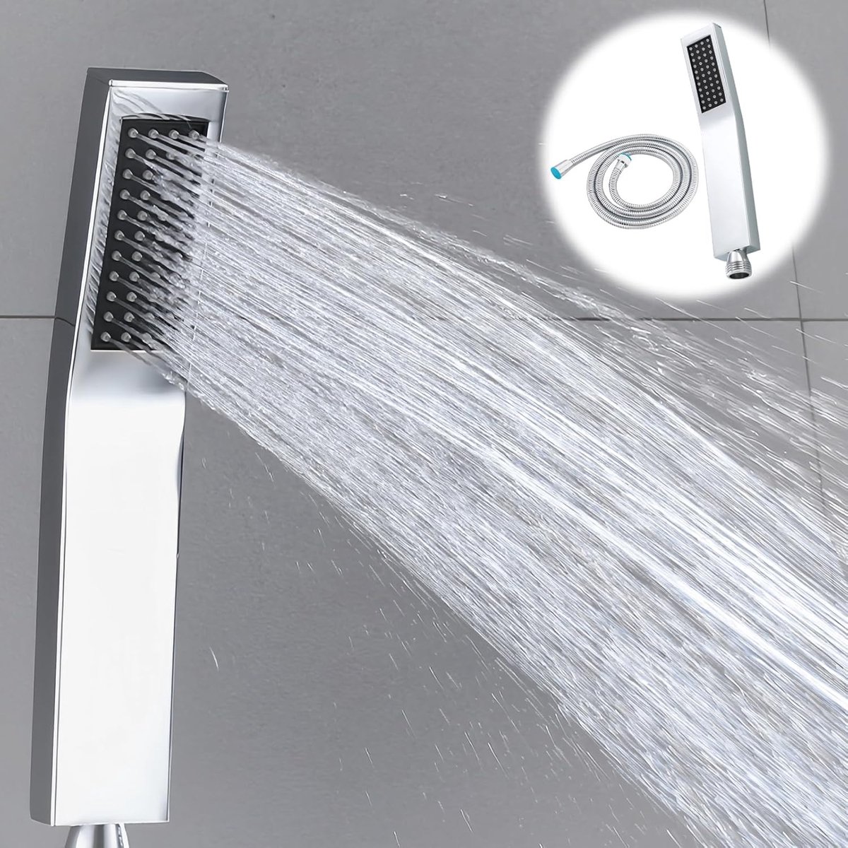 SnelShoppen - Handdouche Roestvrij Staal Rectangular Antikalk Douchesysteem met 1.5 m Slang Waterbesparende Regen Douche voor Familie en Hotel (Zilver