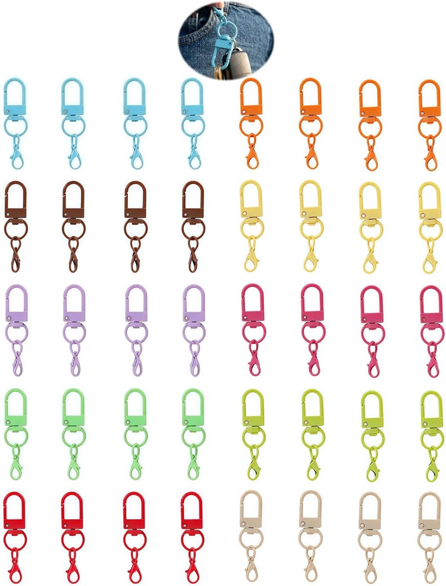SnelShoppen - 40 Draaibare Karabijnsluitingen - Kleurrijke Mini Karabijnhaken van Metaal - Ideaal voor Sleutelhangers, Tassen, Doe-Het-Zelf Projecten