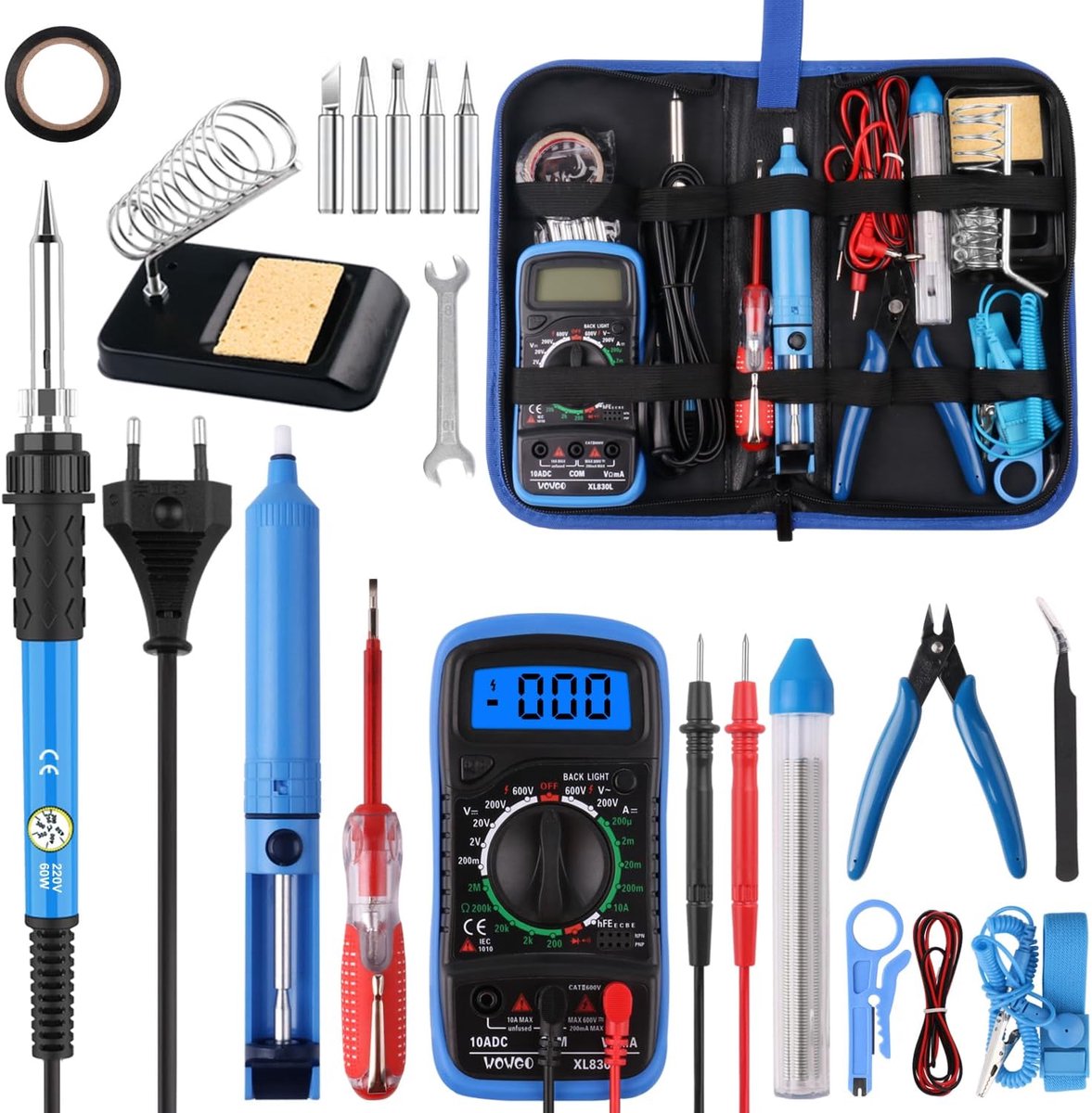 SnelShoppen - Soldering Iron Set 24-in-1, 60W, Instelbare Temperatuur 200-450 °C, Elektrische Soldeerset met 5 Soldeertips, Digitale Multimeter, Solde