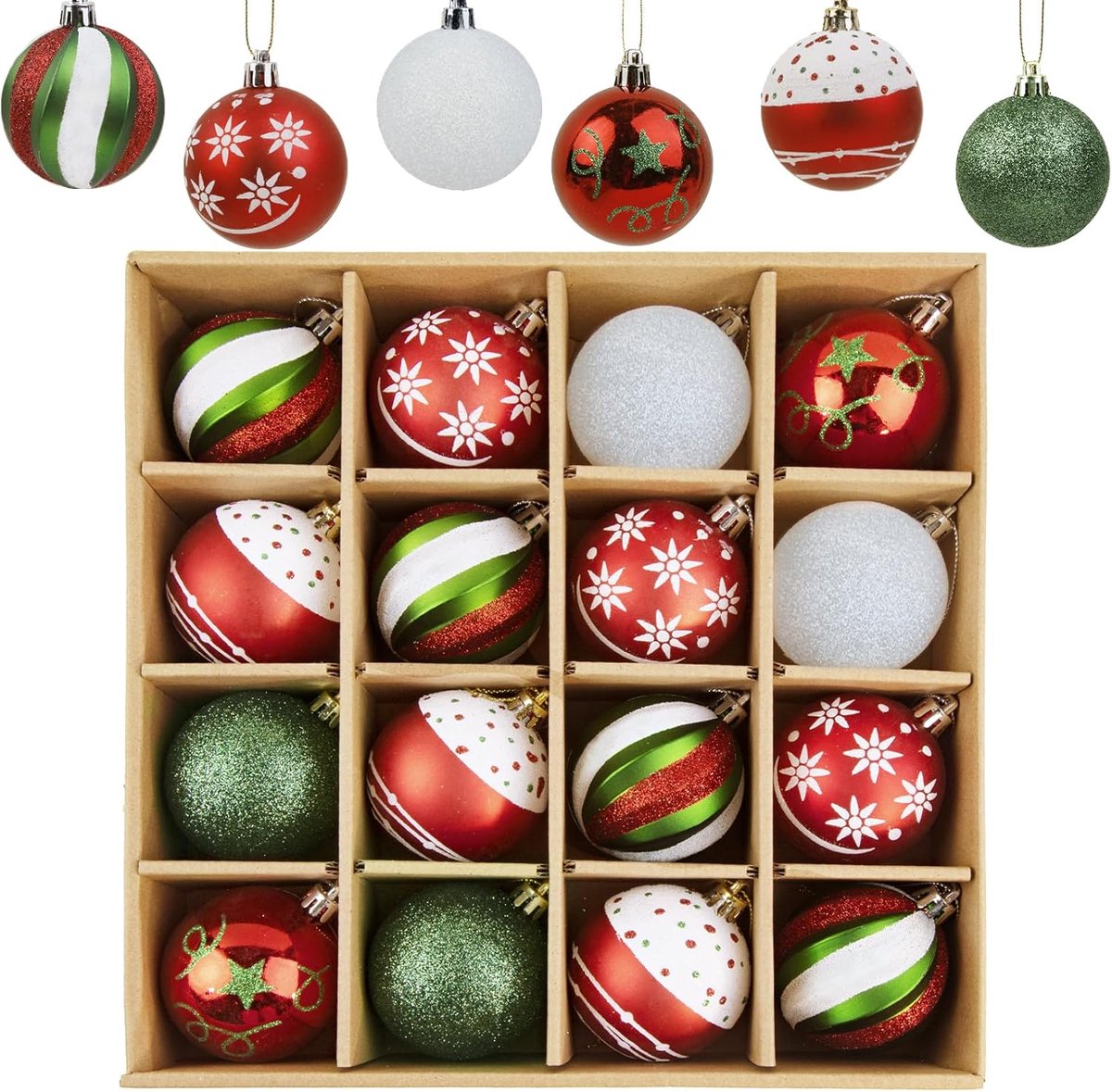 SnelShoppen - 16 Stuks Kerstballen Set 6 cm - Rode, Groene en Witte Decoraties - Kunststof Kerstboom Ornamenten met 6 Designstijlen - Binnen en Buiten
