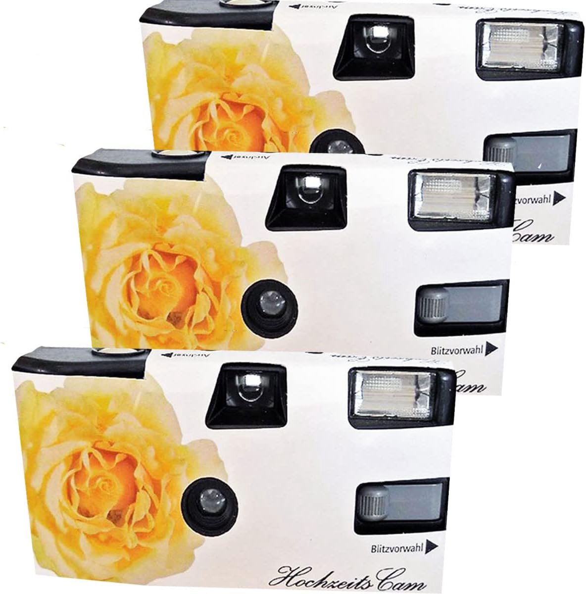 SnelShoppen - 3x Wegwerpcamera's met Flitser, Geel Bruidsroos, 27 Foto's per Camera, Ideaal voor Feesten, Bruiloften, Kinderen, en evenementen