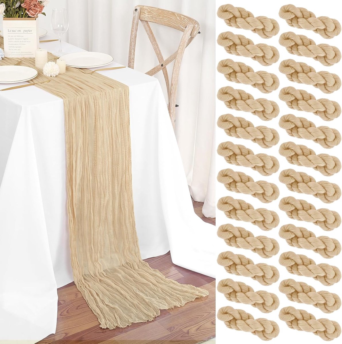 SnelShoppen - Set van 24 Beige Cheesecloth Tafelrokken 45x275 cm - Boho Tafel Runner voor Bruiloft, Feest, Babyshower en Verjaardag Decoraties