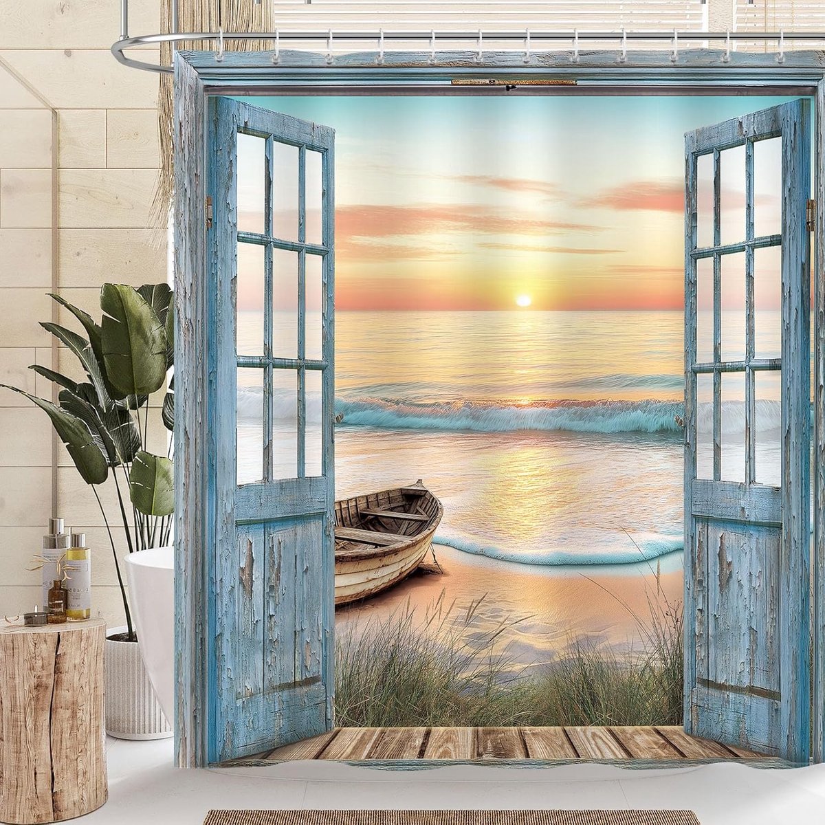 SnelShoppen - Dazzlewall Ocean Beach Douchegordijn Vintage Houten Deur, Waterproof 180x180cm, Schimmel- en Vochtbestendig Polyester, 12 Haakjes, Badka