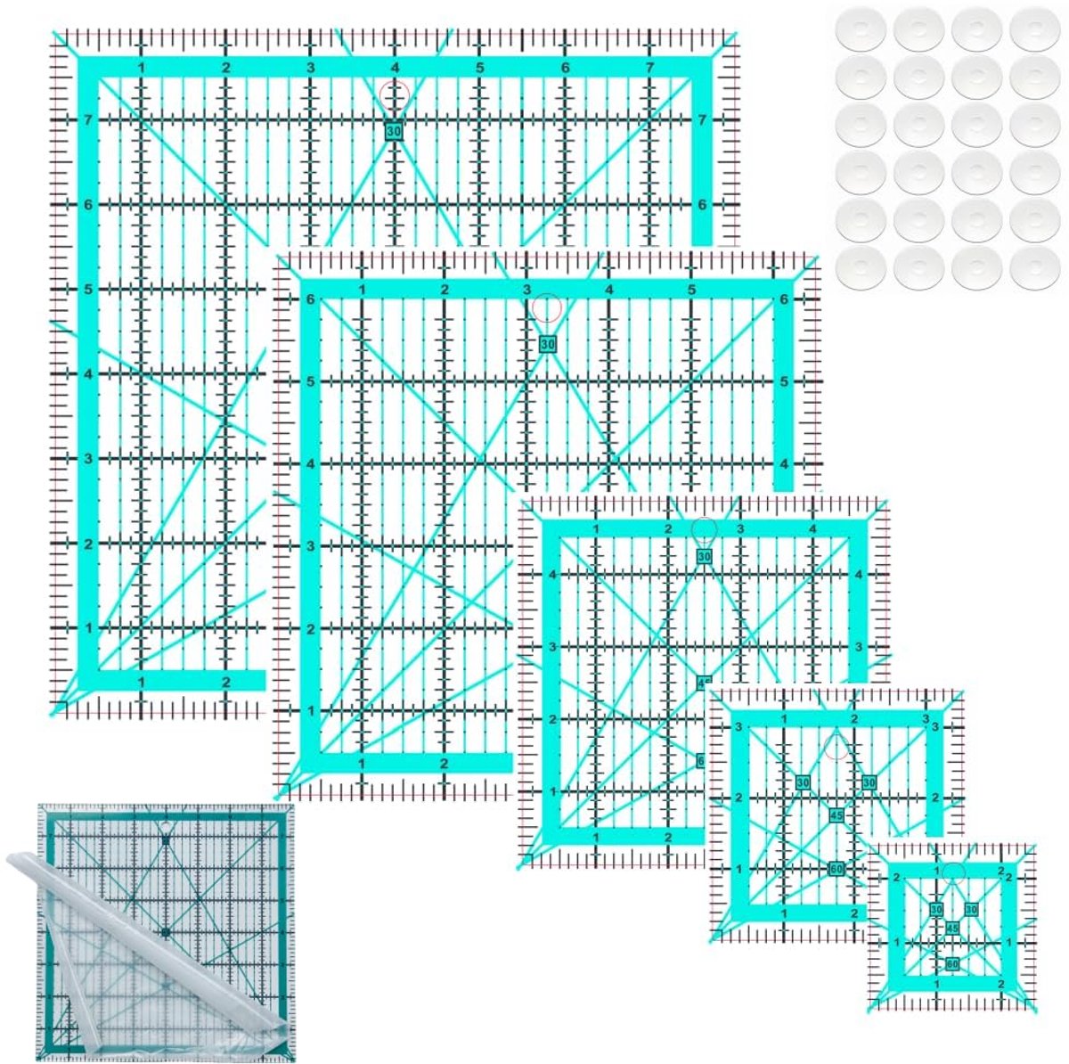 KZQ 5-delige set quiltrulers - Vierkante sjablonen 2,5 - 3,5 - 5 - 6,5 - 8 inch - Voor nauwkeurig snijden en quilten - Perfect voor naai- en textielprojecten - Transparant en duurzaam