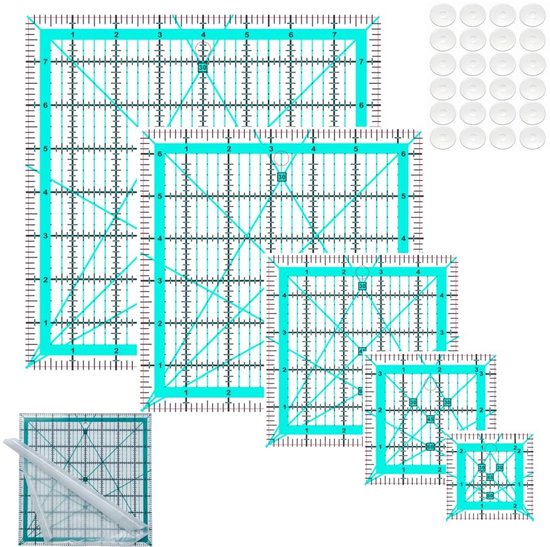 Set van 5 vierkante transparante quiltrulers met maaswerk en cirkels, plus 32 ronde witte stippen.